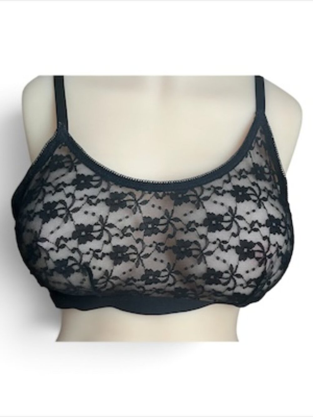 Sheer Black Lace Bralette L • Feminine Floral Lace • Adjustable Straps
